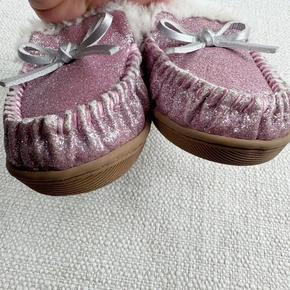 J Crew Youth Glitter Slippers Girls K12 Kids 12 Pink Faux Shearling Moccasin